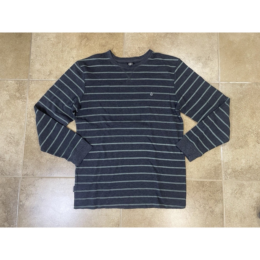 Volcom Shirt Mens Sz L Large Gray Striped Thermal Waffle Knit Long Sleeve Skate